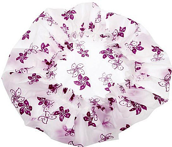 Шапочка для душа Dewal Beauty DBH2 белая с фиолетовыми цветами
